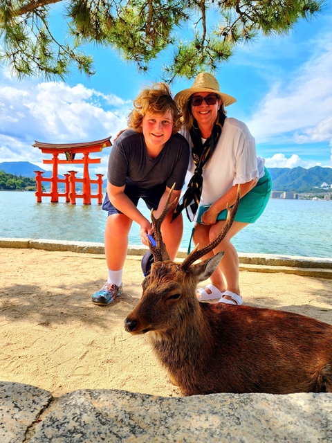Two people posing with a deer near a torii gate by the water.