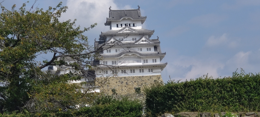 Traditional Japanese castle surrounded by trees.