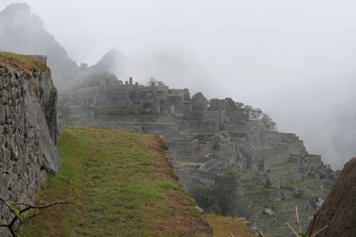       Foggy view of Machu Picchu ruins with lush greenery.
  