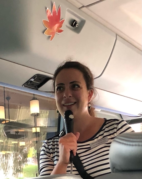 A person speaking into a microphone inside a vehicle.