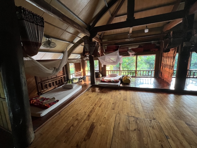 Spacious room with wooden floors, beds on the floor, and large windows overlooking greenery.
