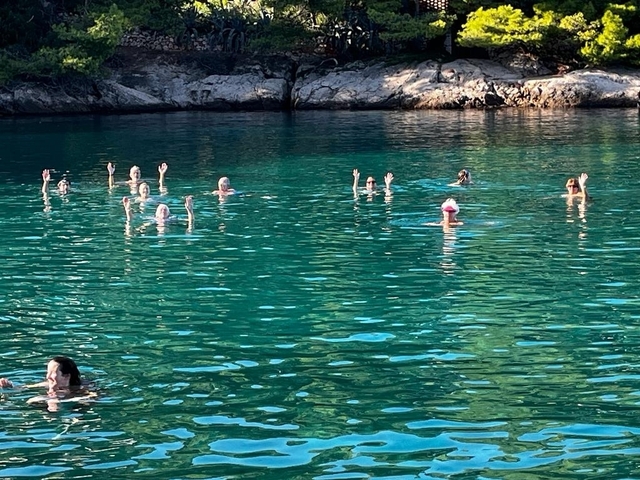A group of people swimming in clear turquoise waters surrounded by rocky cliffs.