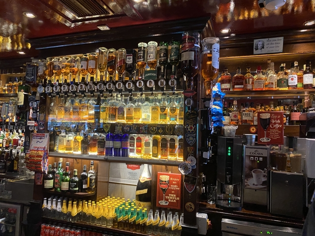 Interior of a well-stocked bar with a variety of liquor bottles.