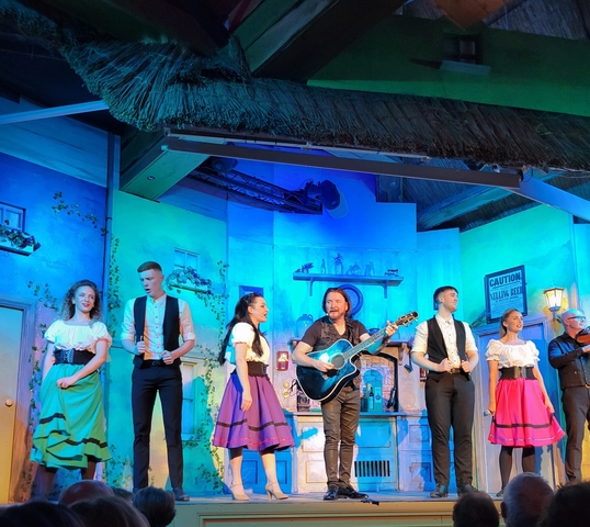       Performance of musicians on stage with colorful lighting.
  