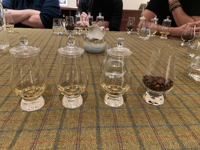 Four glasses lined up on a plaid table with people in the background.