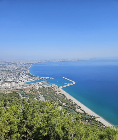       Aerial view of the coastline and city.
  