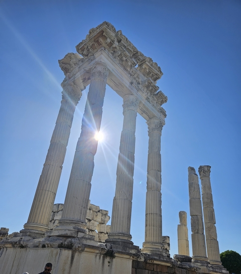       Tall ancient columns with the sun shining through.
  