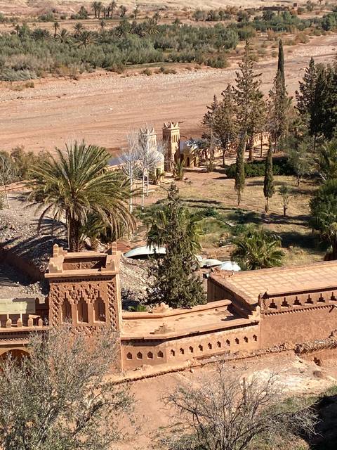       Desert landscape with palm trees and mud structures.
  