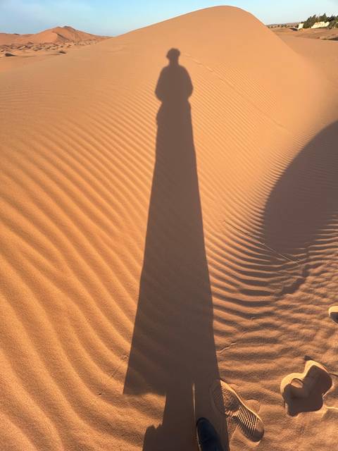 Desert landscape with a long shadow cast on sand dunes.