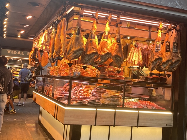 Indoor market with hanging cured meats and sausages.