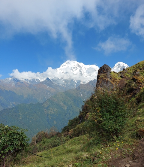 Snow-capped mountains under a clear blue sky.