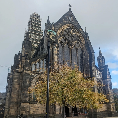 Gothic-style cathedral under renovation surrounded by autumn trees.