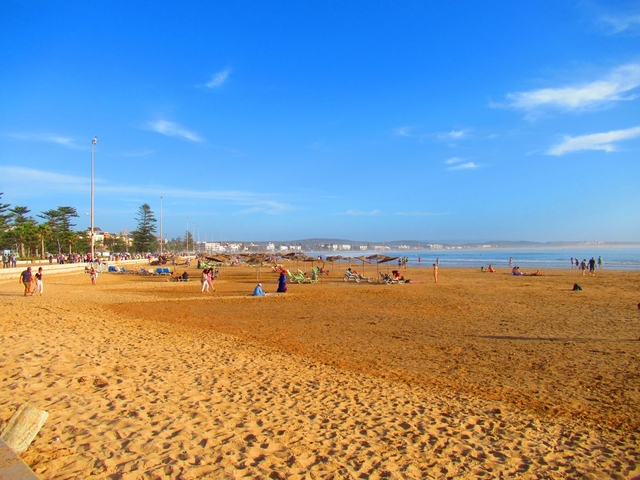       Beach with people sunbathing and enjoying the sun.
  