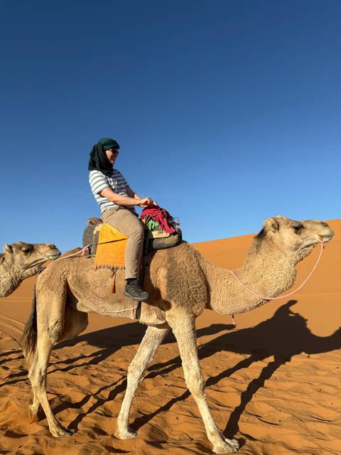 A person riding a camel in the desert.