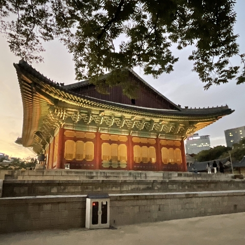       Traditional Korean building illuminated at dusk.
  