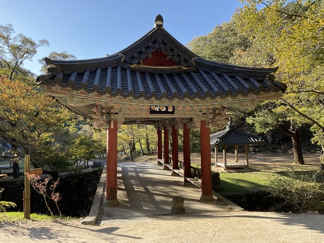       Traditional Korean pavilion in a forested area.
  