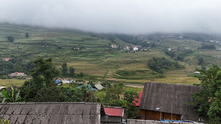 Foggy landscape with rice paddies and hills.