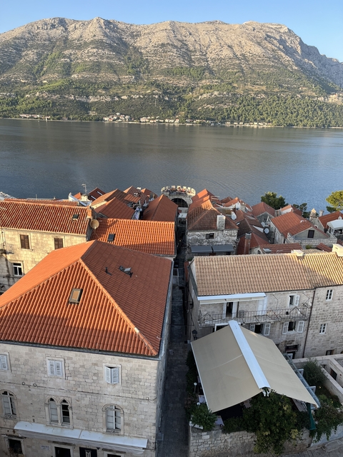       View over rooftops to the sea at sunset.
  