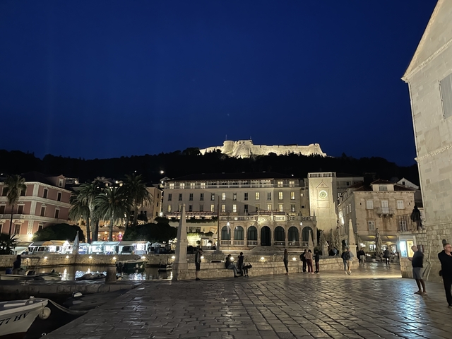 Illuminated buildings and fortress on a hill at night.