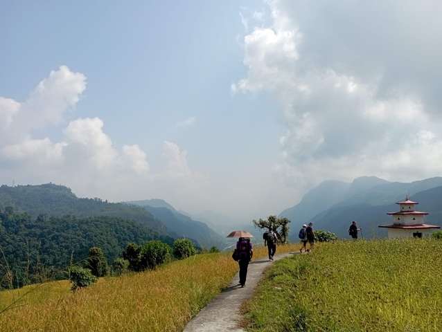 Group of hikers walking in a mountain landscape.