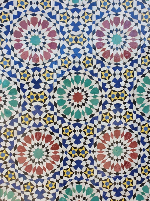 Close-up of colorful geometric tile patterns.