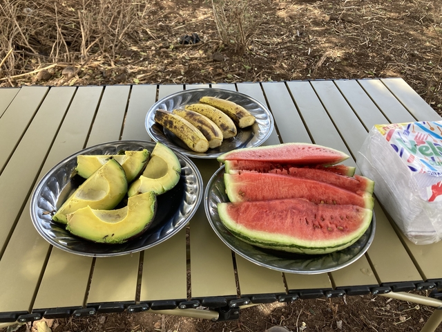       Plates of avocado, bananas, and watermelon on a table outdoors.
  
