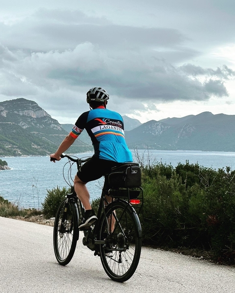 Cyclist overlooking a coastal view with mountains.