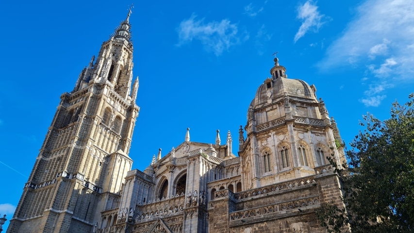 Close-up of a detailed gothic cathedral facade.