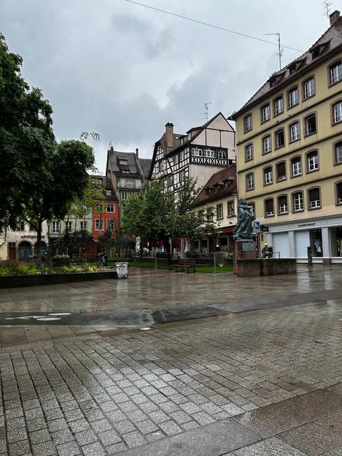 Traditional timber-framed buildings and wet cobblestone streets under a cloudy sky.