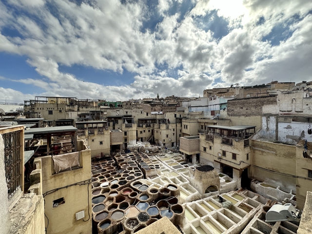 Historic tannery with pits and rooftops in view.