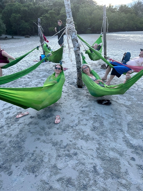       People relaxing in hammocks on a sandy beach.
  