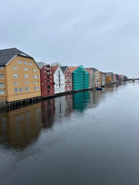 Colorful buildings by the water with reflections.