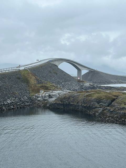 Curved bridge over water under a cloudy sky.