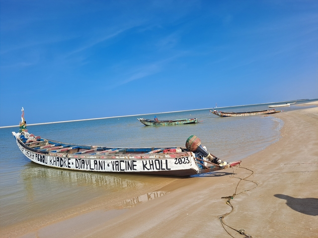       Colorful wooden boats on a sandy beach.
  