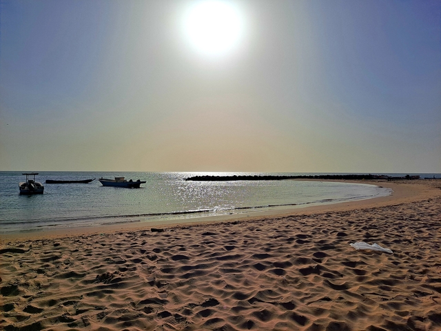 Quiet beach with boats on the water during a bright day.