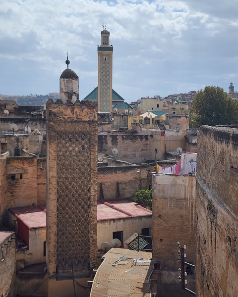 View of historic city rooftops with intricate architecture.
