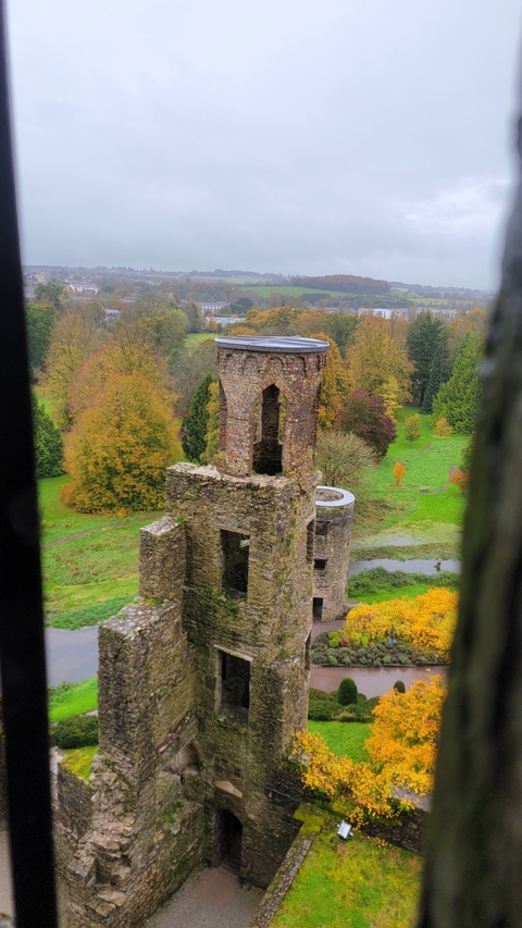       Ruins of a stone tower with autumn foliage around.
  