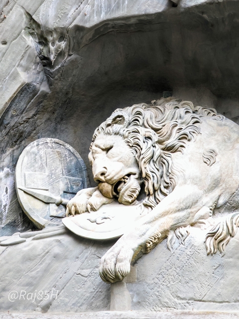 Stone relief of a lion and shield.