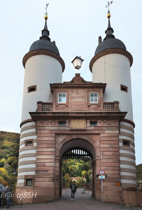 Gateway with twin towers and inscription.