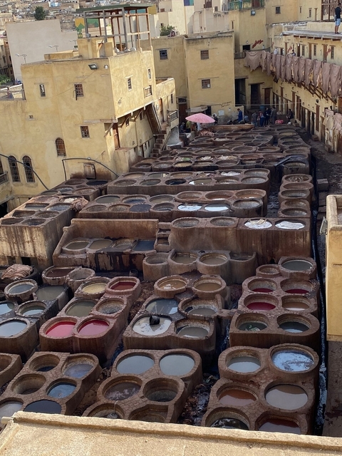 Aerial view of leather tanning pits in Fes.