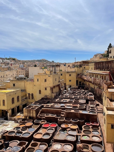       View of leather tanning pits with cityscape in the background.
  