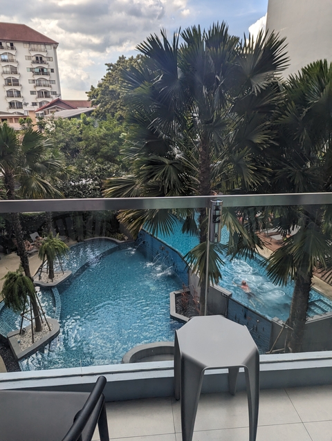 View of a swimming pool area with people relaxing by palm trees.