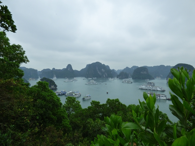       Overview of a bay with multiple boats and rock outcrops.
  