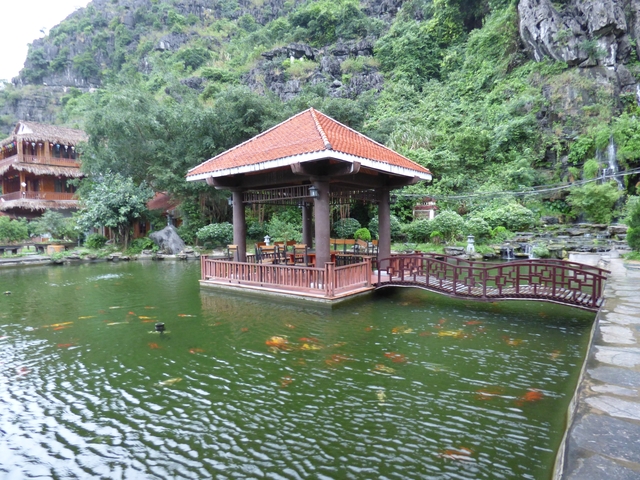 Pavilion located on a pond with ornamental fish swimming.