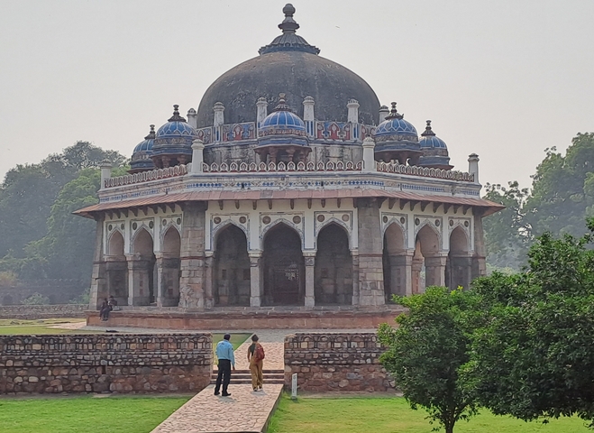 Historic monument with intricate blue and white domes.
