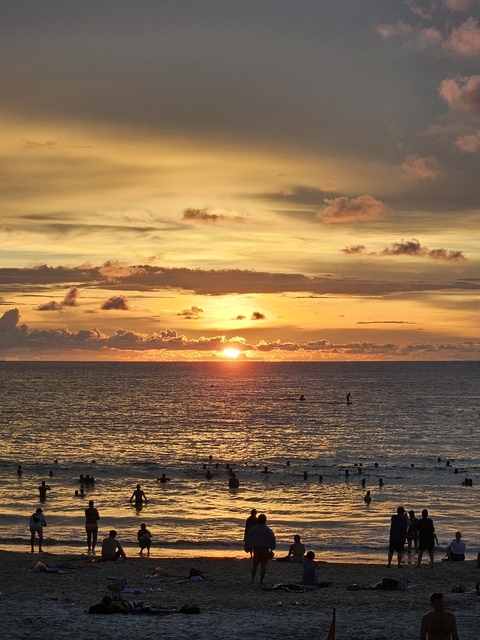       Golden sunset over the ocean with silhouette of surfers.
  