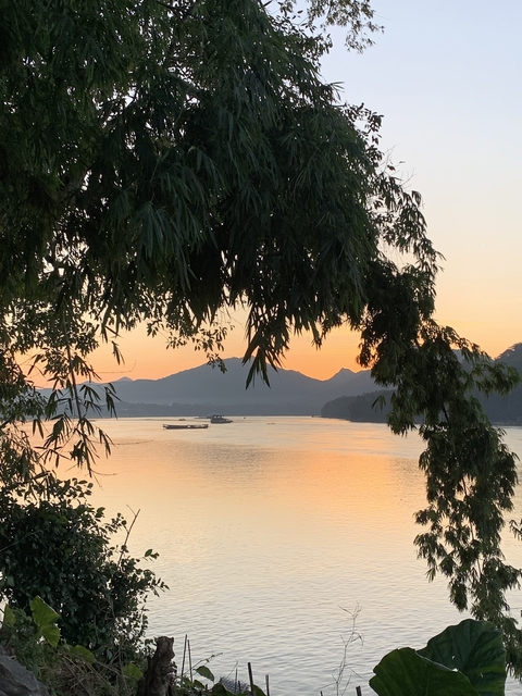 Tranquil river at sunset framed by trees.