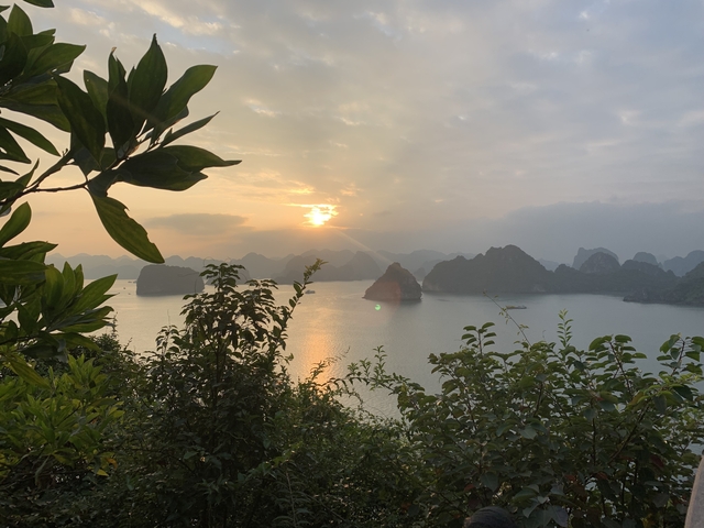 Scenic view of bay during sunset.