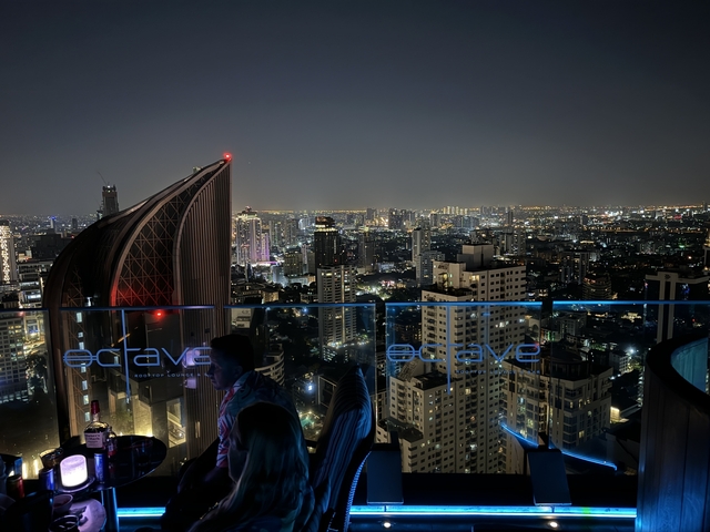 Cityscape view from a rooftop bar at night.