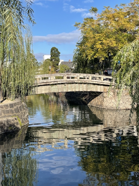Stone bridge over a calm canal lined with trees.